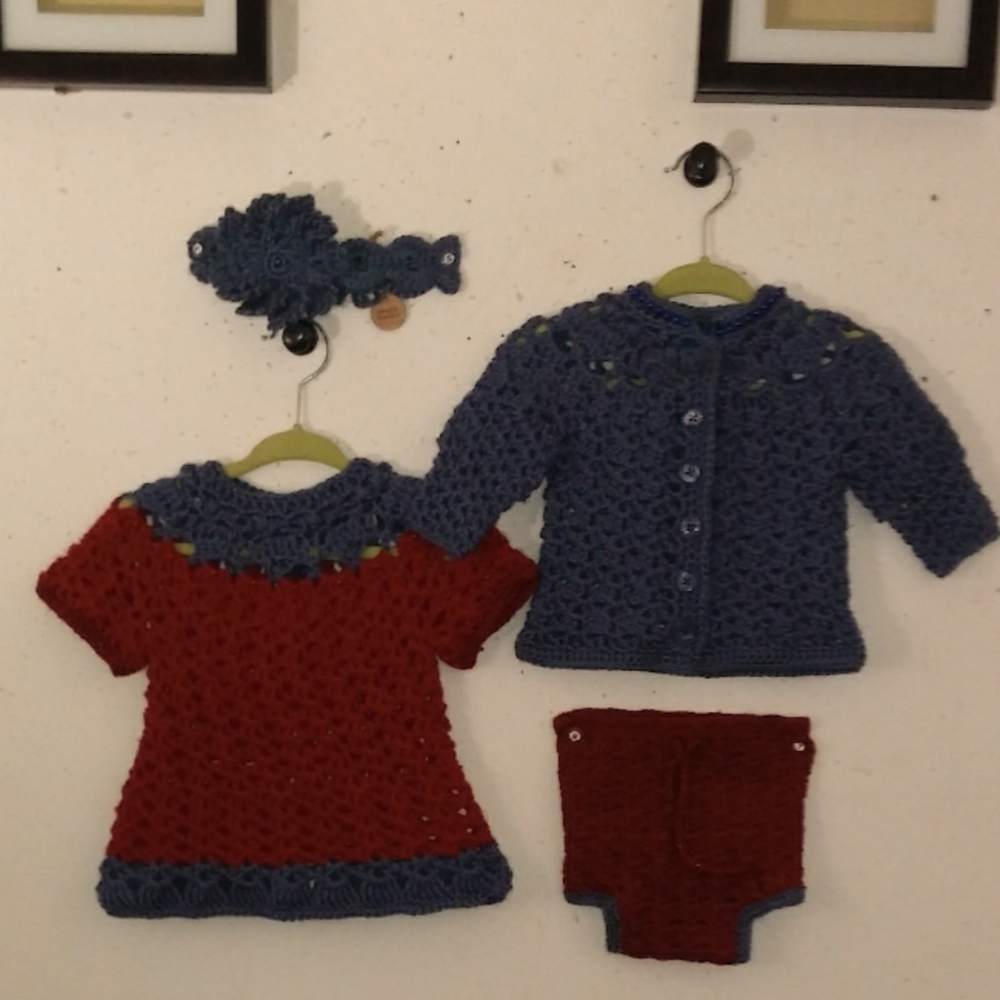 5pc.Crocheted Colonial Blue,Cranberry Dress Set Made by KrEaTiVe KrOcHeTs By TW!